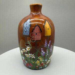 Hand-Painted Ceramic Vase With Birdhouses & Floral Design By Hawick 5" Tall